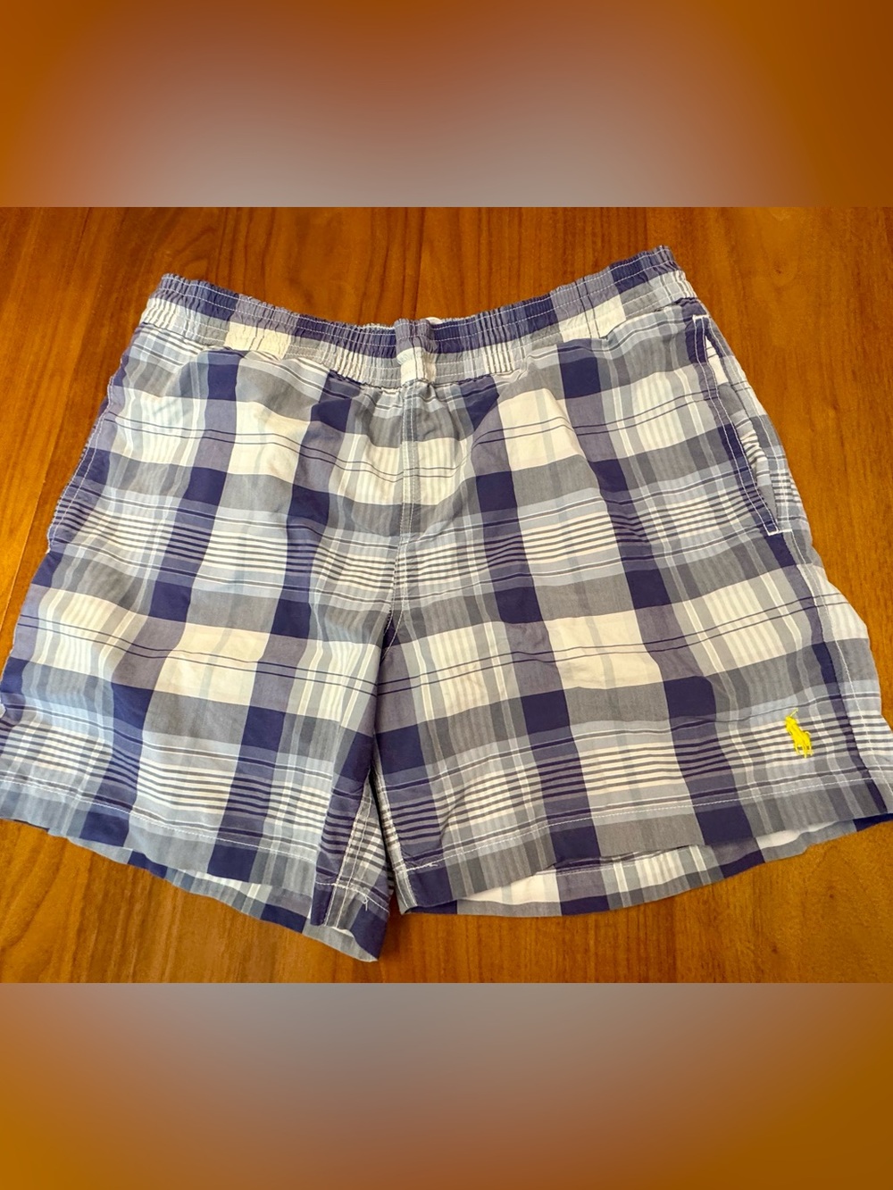 Polo Ralph Lauren Blue and White Plaid Mesh-Lined Swim Trunks, Size M